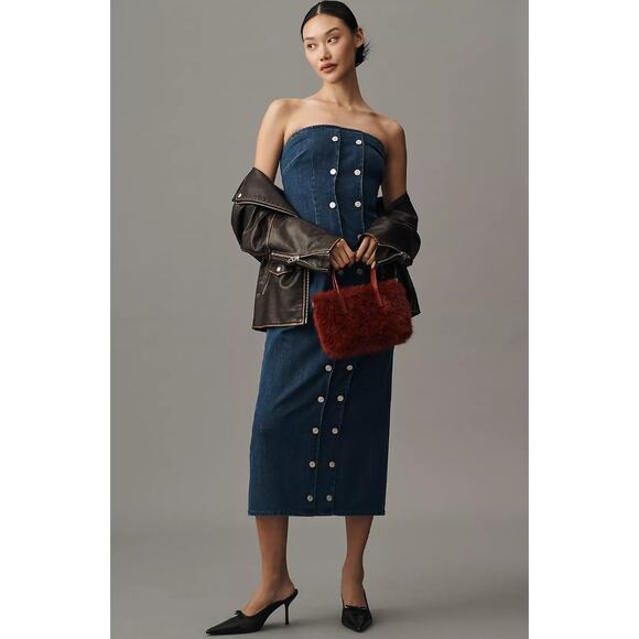 Anthropologie MARE MARE Strapless Button Down Dark Denim Midi Dress S NWT $148 - Picture 1 of 6